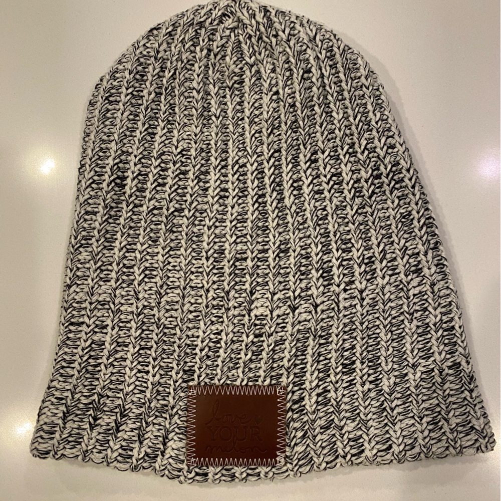 LOVE YOUR MELON ~Black-Speckled‎ Beanie with Brown Leather Patch